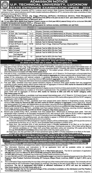 ADMISSION NOTICE U.P. TECHNICAL UNIVERSITY, LUCKNOW STATE ENTRANCE EXAMINATION UPSEE-2014