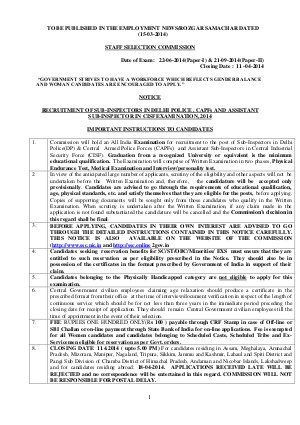 SSC SI in Delhi Police CAPFs and ASI in CISF Exam 2014 Notification