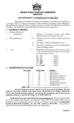 Sikkim PSC Notified recruitment for 08 Posts of Veterinary Officer