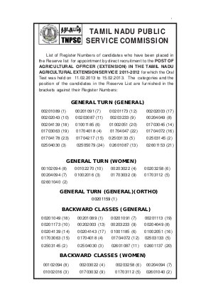 TNPSC Released Reserve List for the Post of Agricultural Officer (Extension)