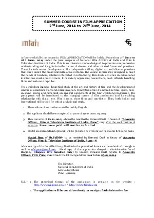 SUMMER COURSE IN FILM APPRECIATION 2nd June, 2014 to 28th June, 2014