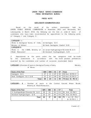 UPSC Geologists' Examination 2013: Result Declared
