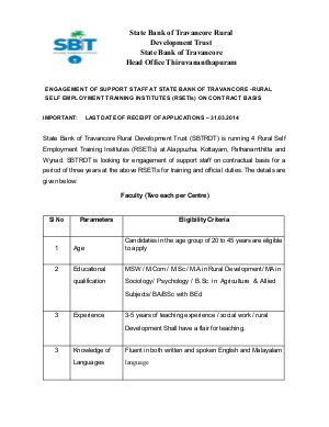 State Bank of Travancore Rural Development Trust Notified Recruitment for 20 Various Posts 2014