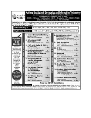 NIELIT Chandigarh Notified Admission to its Summer Training Programs 2014