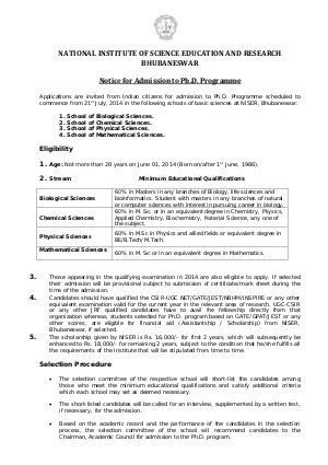 National Institute of Science Education & Research Notified Admission to Ph D Programme 2014-15