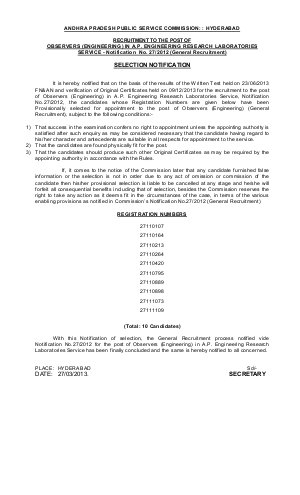 APPSC Declared Select List of Candidates Observers (Engineering) Posts Recruitment 2014