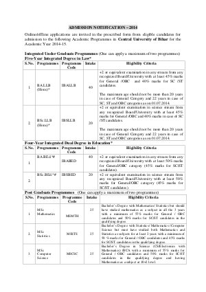 Central University of Bihar Notified for Admission 2014