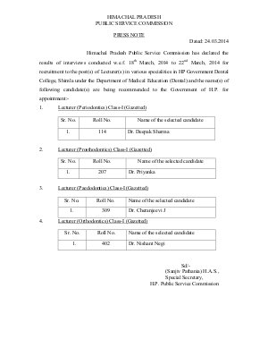 HPPSC Declared Results for Lecturer with HP Government Dental College, Shimla 2014