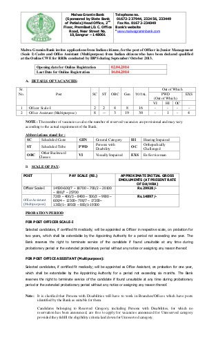 Malwa Gramin Bank Notified Recruitment for Officer & Office Assistant posts 2014