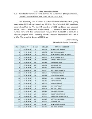 Union Public Service Commission Sub: Schedule for Personality Test/ interview for Civil Services (Main) Examination, 2013 for 1722 candidates from 05.05.2014 to 05.06.2014.