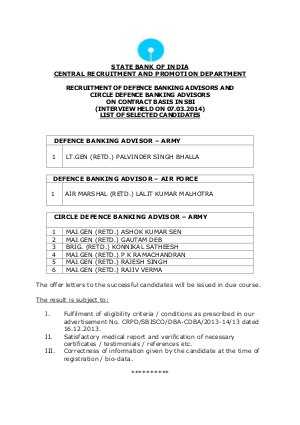 SBI Declared Interview Result for Recruitment to the Post of Defence Banking Advisor