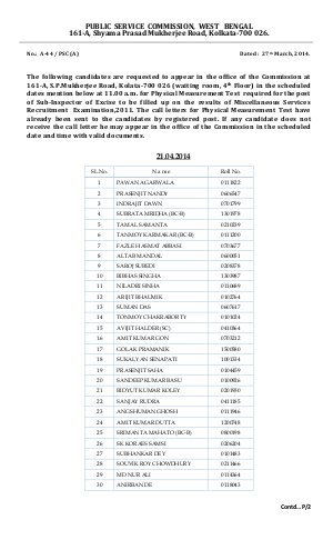 WBPSC Declared list for Physical Measurement Test for the post of Sub-Inspector of Excise