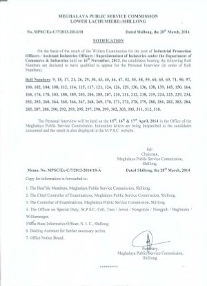 Meghalaya PSC Declared Results for Various Posts 2014