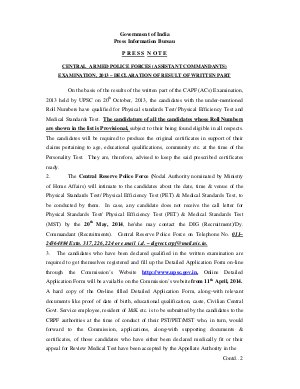 UPSC CAPF (ACs) Exam 2013 Written Result