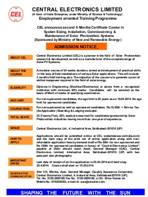 Central Electronics Limited Notified Admission to Employment oriented Training Programmes 2014