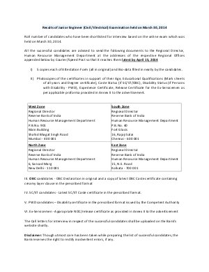 RBI Declared Interview list for the Post of Junior Engineer (Civil/Electrical)