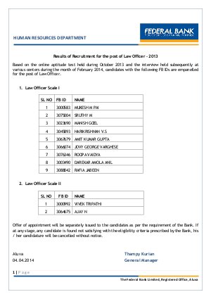 Federal Bank Limited Announced Results forRecruitment of Law Officers