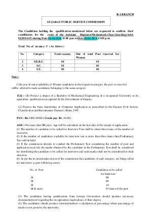 Detailed Advertisement of Assistant Engineer (Mechanical) Backlog