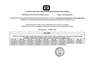 UCO Bank Released Final List for Recruitment to the Post of PO-MT
