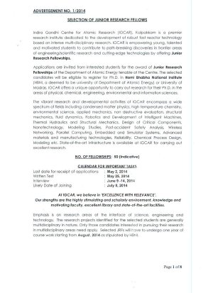 IGCAR Kalpakkam Notified Recruitment for 50 Positions of JRFs 2014