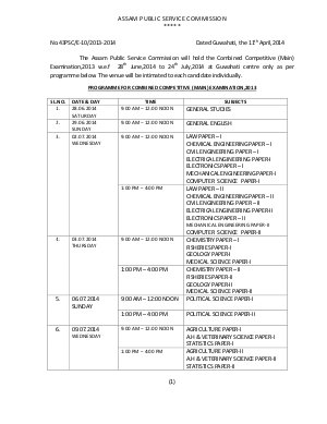 Assam PSC Combined Competitive Main (Written) Exam 2013: Exam Schedule