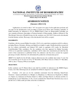National Institute Of Homoeopathy Notified Admission for BHMS Degree Programme 2014