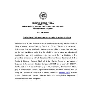 RBI Bangalore Notified Recruitment for 7 Security Guard Posts for Ex-servicemen Posts 2014
