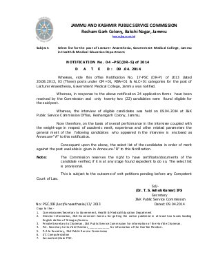 JKPSC Released Select list for Lecturer Anaesthesia in Health & Medical Education Department 2014