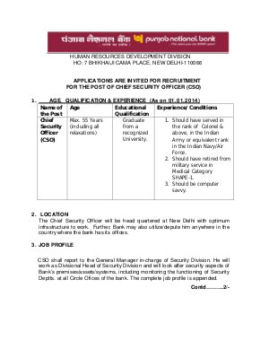 Punjab National Bank, New Delhi Notified Recruitment for Post of CSO 2014
