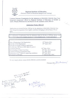 Regional Institute of Education Notified for Admission to BSc BEd Programme 2014