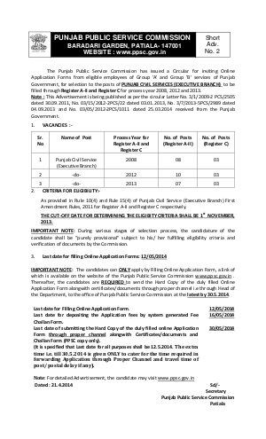 PPSC Notified Recruitment for Punjab Civil Services (Executive Branch) 2014