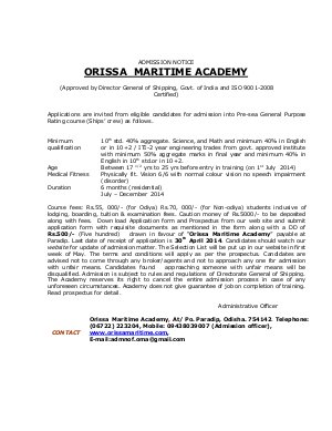 Orissa Maritime Academy Notified for Admission to 37th Batch (Ships’ crew) 2014