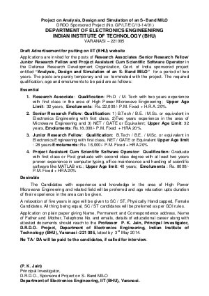 Indian Institute of Technology (BHU), Varanasi Notified Recruitment for 04 Various Posts 2014