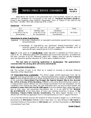 Tripura PSC Notified Recruitment to 50 Posts of Personal Assistant Grade-II 2014