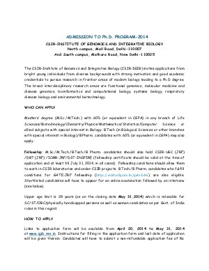 ‘CSIR’– Institute of Genomics and Integrative Biology, Delhi Notified Admission for Ph. D. Exam 2014