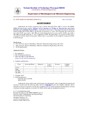 NIT, Warangal Notified Recruitment for 02 Posts of JRF 2014