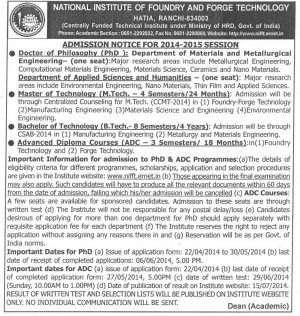 NIFFT Notified Admission in Various Programmes (2014-15)