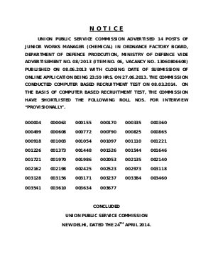 UPSC Declared Result for Jr. Works Manager (Chemical) in Ordnance Factory Board 2014