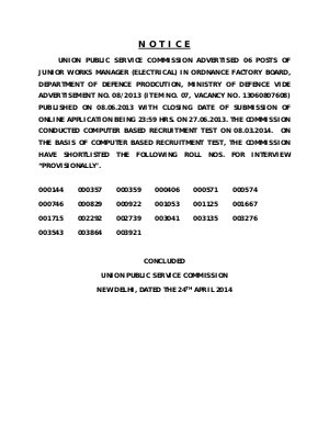 UPSC Declared Result for Jr. Works Manager (Electrical) in Ordnance Factory Board 2014