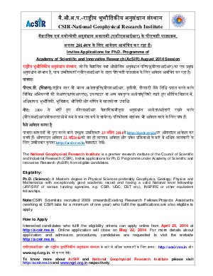 CSIR – National Geographical Research Institute Notified Admission for Ph. D. (Sciences) 2014