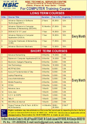 NSIC, New Delhi Notified for Admission to Various Computer Software & Hardware Courses 2014
