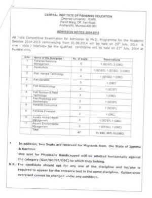 Central Institute of Fisheries Education Notified Admission to Ph. D Courses in 11 Disciplines 2014