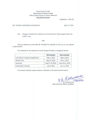 IGCAR Kalpakkam Notified Recruitment for Junior Research Fellows 2014