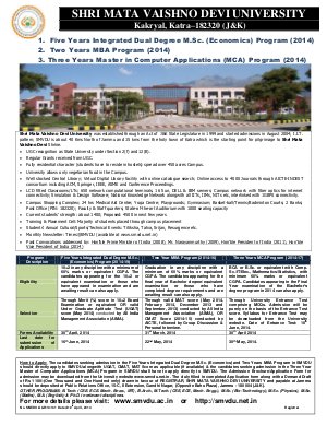 Shri Mata Vaishno Devi University Notified for Admission to MBA, MCA and M. Sc. Programs 2014
