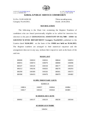 Kerala PSC Declared Result for Geological Assistant Post