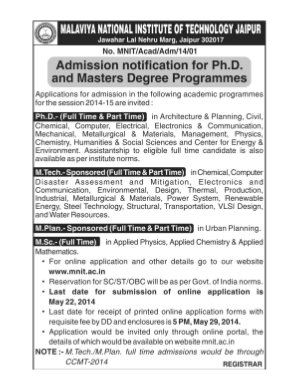 MNIT Jaipur Notified Admission to Phd and Master Degree