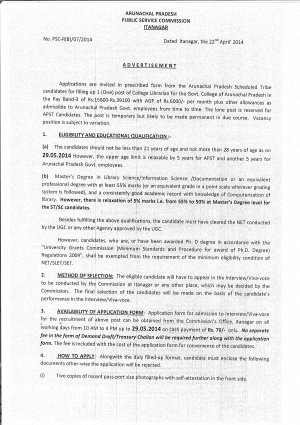 Arunachal Pradesh PSC Notified Recruitment for 31 Asst. Professor & College Librarian Posts 2014 (2)