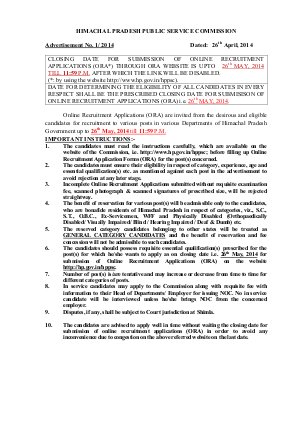 HPPSC Notified Recruitment for 161 Ayurvedic MO, Professor & Other Posts 2014 