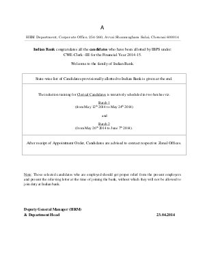 Indian Bank Announced list of candidates for Clerical Posts Recruitment 2014