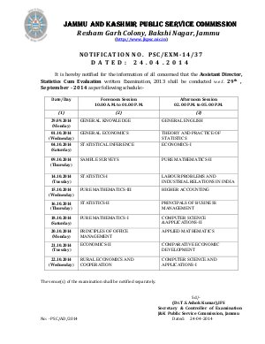 JKPSC Announced Written Exam Schedule for Assistant Director, Statistics-Cum-Evaluation